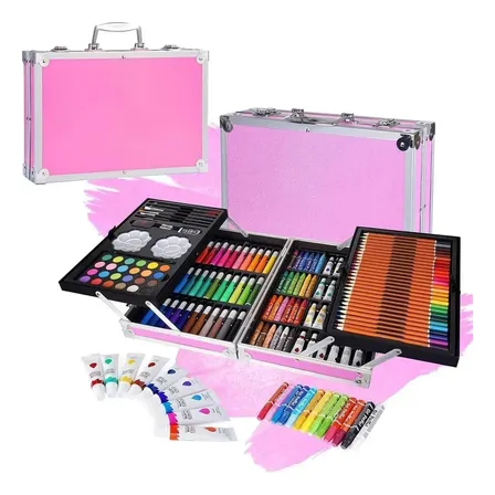 Set X145 Piezas Arte Infantil Dibujo En Malet&iacute;n Met&aacute;lico Completo Incluye L&aacute;pices Marcadores Pinturas Pasteles Y Accesorios Ideal Para Todas Las Edades Levys Bazar Color Rosa