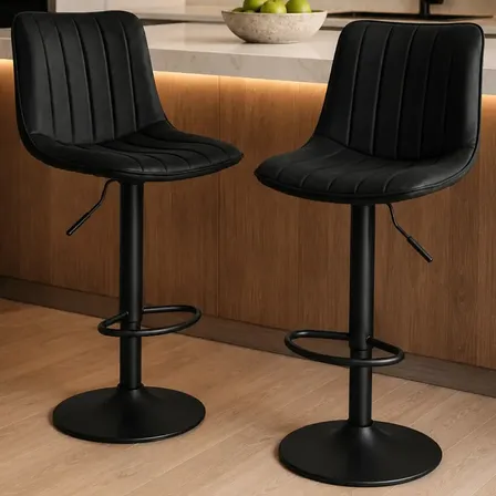 Set X2 Banqueta Taburete Barra Desayunador Alto Regulable con Respaldo Cuero Sintetico Color Negro