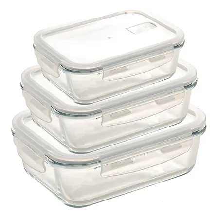 Set X3 Taper Hermetico De Vidrio Microondas Horno Freezer Heladera Sin Derrame Vianda Lunchera Rectangular Juego Recipientes Cocina Levys Bazar