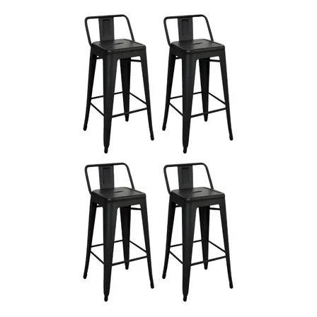 Set X4 Banqueta Taburete Alta Tolix Con Respaldo Medio Barra Desayunador Reforzado Acabado Negro Mate