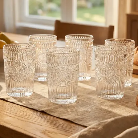 Set X6 Vasos Vidrio Mtl Tallados Dise&ntilde;o Vintage Resistente Transparente