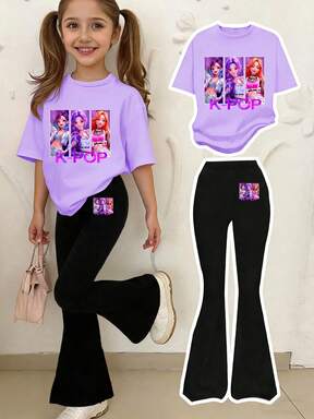 Set Young Girl K-POP Cartoon Print Short Sleeve Round Neck T-Shirt And Flare Pants,Comfortable Casual Summer School Outfit For Kids $7.94 4% OFF