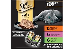Sheba Perfect Portions Wet Cat Food Cuts in Gravy, Cat Food Wet Recipe, Roasted Chicken Entree, with Sustainable Salmon, Tender Turkey Entree, 2.6 oz. Twin-Pack Trays (24 Count, 48 Servings)
