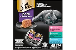 Sheba Perfect Portions Wet Cat Food Pate with Sustainable Salmon, Signature Seafood Entree, and Tender White Fish and Tuna Entree Variety Pack, 2.6 oz. Twin Pack Trays (24 Count, 48 Servings)