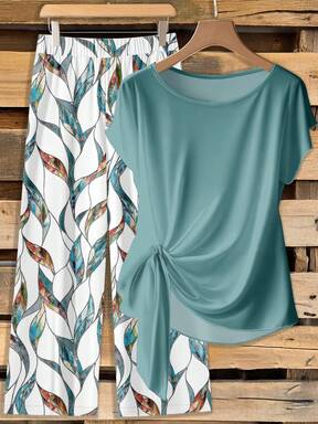 SHEIN Clasi Women pcs Summer Outfits,Green Floral Boho Casual Vacation Holiday Minimalist Bowknot Shirt & Loose Straight Geometric Print Pants Set,Beach Outfit $14.50 Flash Sale