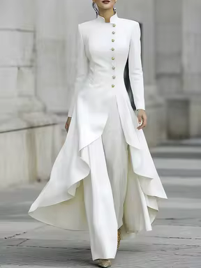 SHEIN Elegant White Two Pieces Formal Set High Neck Gold Buttons Irregular Flowy Hem Long Jacket Wide Leg P  #MetalAccentSilent