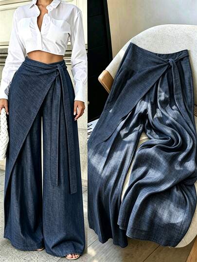 SHEIN Franclia European & American Loose Casual Women's Sweatpants Straight Leg Wide Leg Dark Blue Drawstring Long Pants Thickened Autumn/Winter