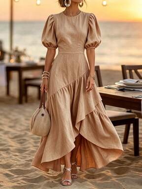 SHEIN Holidaya Women's New Lantern Sleeve Casual Tropical European Slouchy Elegant Fashion Versatile Asymmetric Hem Layered Ruched Dress Summer Solid Color Slimming  #ModSummer