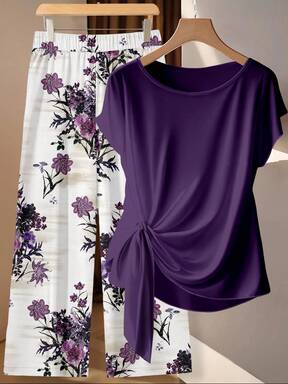 SHEIN LUNE Women's Dark Purple Floral Boho  Pieces Set,Summer Short Sleeve Tie Bow Blouse & Straight Leg Pants Outfit,Casual Everyday Elegant Blouse $17.50 Flash Sale