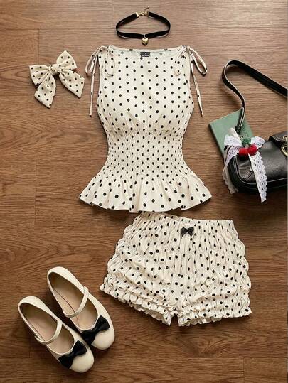 SHEIN MOD Women's Black White Polka Dot 2 Pieces Set,Cute Sleeveless Top And Shorts,Summer Vacation,Holiday Outfit,Valentine's Day,Date,Beach,90s Tea Party