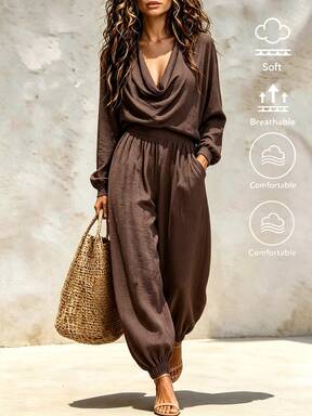 SHEIN Women's Early Autumn Loose Textured Pleated Cowl Neck Long Sleeve Elastic Hem Casual Top With Elastic Waist Tapered Loose Pants Brown -Piece Set, Same-Color Textured Fabric Creates A Relaxed And Comfortable Atmosphere, Suitable For Daily Commute, Ca