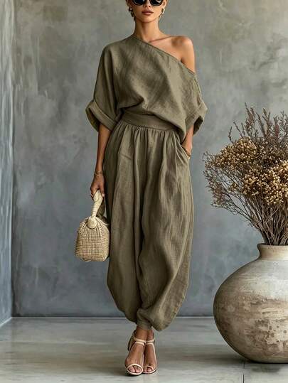 SHEIN Women's Elegant Asymmetrical Shoulder Minimalist Top And Loose Pocket Tapered Pants  Pieces Set, Casual Country Style $3.39