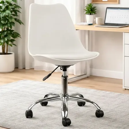 Silla Escritorio Oficina Tulip Eames Eco Cuero Giratoria Ruedas Color Blanco