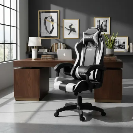Silla Gamer Alpina Ergon&oacute;mica Giratoria Reclinable&nbsp;ft-088 Color Negro/Blanco Material del tapizado Cuero sint&eacute;tico