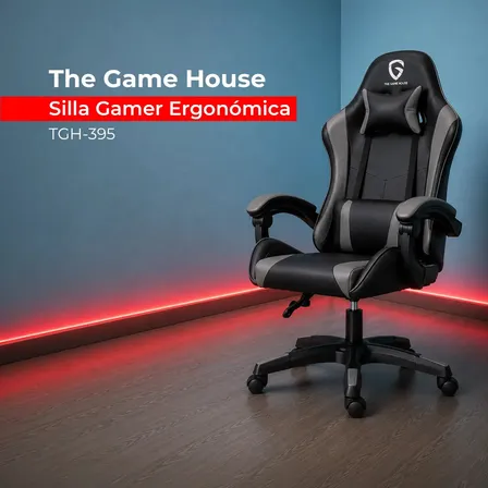 Silla Gamer Ergon&oacute;mica The Game House D395 con Respaldo Reclinable y Altura Ajustable, Gris