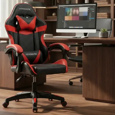 Silla Gamer Novohome Ergon&oacute;mica Giratoria Reclinable Tapizado Cuero Sint&eacute;tico Asiento Alta Densidad Pc Oficina Escritorio Color Rojo