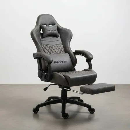 Silla Oficina Ergon&oacute;mica Gamer Almohad&oacute;n Lumbar Masajeador Gris Oscuro Cuero Sint&eacute;tico