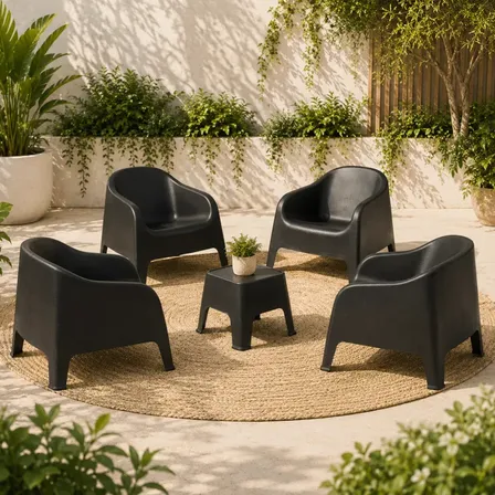 Sillon Plastico Exterior Jardin Apilable Skarpo X4 + Mesa Ratona Sunset Color Negro