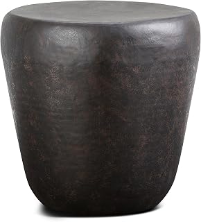 SIMPLIHOME Garvy 22" Wide Round Metal Table in Rustic Bronze | Industrial round drum accent table with textured finish; assembled center table, side table or end table for the living room.