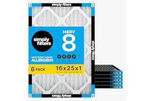 Simply 16x25x1 Air Filter, MERV 8, 6 Pack, For Home AC Furnace & HVAC (Actual Size: 15.75"x24.75"x0.75") DUST, Pet, & Allergy Control