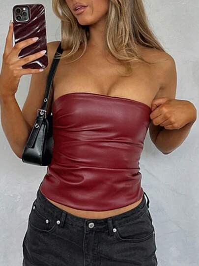 Siren Gaze Women's Burgundy Red Leather Tube Top Girly Night Out Club Ruched Asymmetric Hem Fashionable Halloween Party Autumn Spring Sexy Christmas New Year
