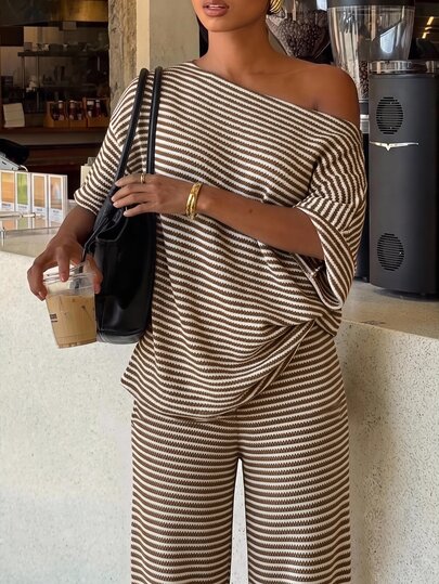 Siren Gaze Women's White And Brown Asymmetric Collar Casual Striped Top And Pants  Pieces Set $5.91