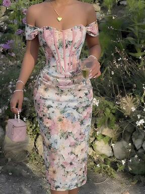 Skyraze Women's Floral Print Off Shoulder Ruched Fitted Dress  #OffShoulderChic
