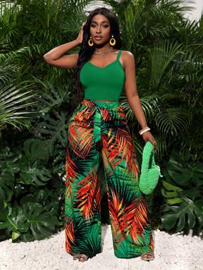 Slaydiva pcs Casual Holiday Elastic Camisole Top And Loose Printed Wide Leg Pants Set - Women $15.98 #HawaiianCharm