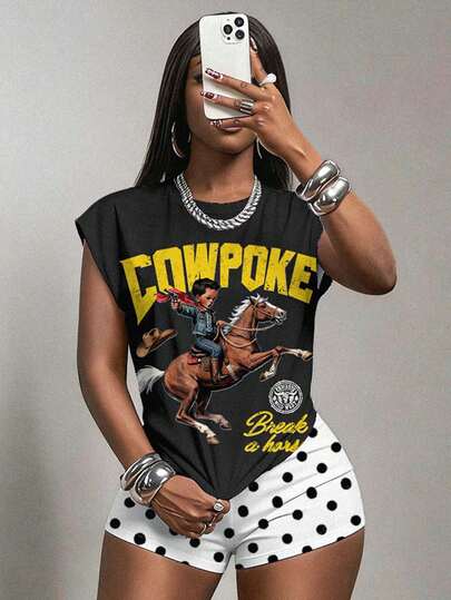 Slaydiva Women's Black And White Polka Dot 2 Piece Set,Summmer Streetwear City Break Y2K Cowboy Cartoon Graphic Sleeveless T-Shirt & Mini Shorts Style