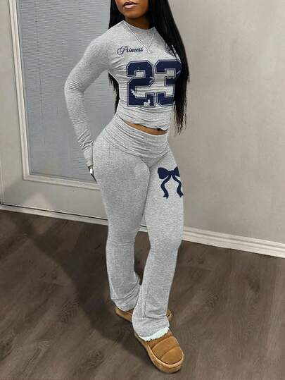Slaydiva Women's Grey  Pieces Set,Long-Sleeved Crew Neck Graphic Tops & Flare Pants,Navy Blue Bow Graphic Streetwear,Autumn Casual Lounge Yk Winter Clothing $16.7