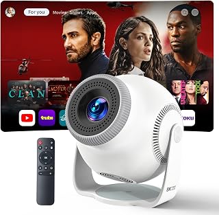 Smart Mini Projector with WiFi 6 and Bluetooth 5.4, White | Android 14 OS, Built-in Apps, 270&deg; Rotation, Support 1080P 4K, Portable Projector for Home Theater, Bedroom, Outdoor Movies