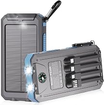 Solar Charger Power Bank 20000mAh Portable Charger with 4 Built-in Cables and USB-C in/Output, Dual Emergency Flashlights, Waterproof Outdoor Battery Pack for Camping, Hiking, Travel, and Storm Prep