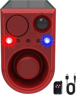 Solar Outdoor Motion Sensor Alarm-Dog Barking&Gunshot Sound, 130db Motion Detector Alarm Light,with Remote Controller,13 Kinds of Sound Red&Blue Strobe Light with USB (&plusmn; Volume /130dB 1PCS)