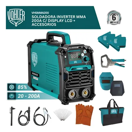 Soldadora Inverter 200a Mma Display Lcd V&ouml;hler + Accesorios Azul Petr&oacute;leo
