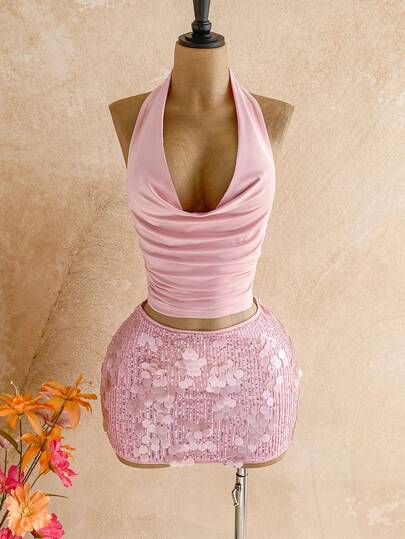 Soleia pcs Hot Pink Sequin Two Piece Set For Women Summer 70s Holiday Party Outfits,Halter Sparkle Top & Skirt Set Vacation Beach Costume Birthday Outfit $14.19