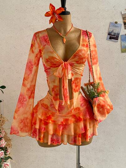 Soleia Women's Pink Floral Summer Casual Holiday Vacation Holiday Vintage Letter Print Long Sleeve Tie Front Cover Up & Mini Skirt  Pieces Set,Boho Beach $11.79