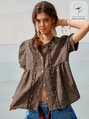 SoleilVie Women's Round Neck Gathered Frill Trim Puff Sleeve Vintage Plaid Casual Shirt  #PlaidPatterns