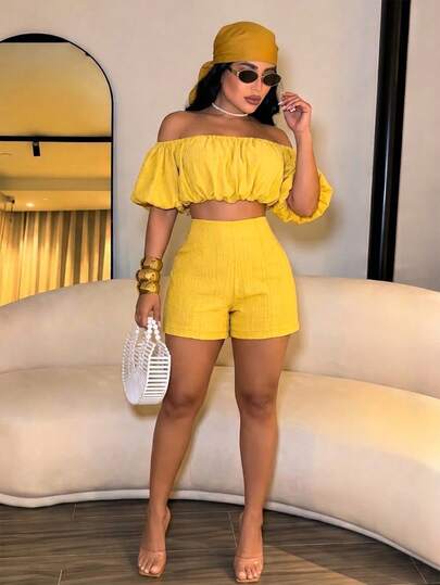 SOLERSUN Sexy And Elegant Women's Commuter Club Party Casual Island Beach Vacation Old Money Style Spring And Summer Women's High-End Waist-Cinching Off-Shoulder Shirt Top And Shorts Yellow Two Pieces Set