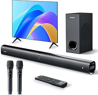 Soundbar with Subwoofer for TV, Home Theater Bluetooth 5.3 Speaker System with 2 Wireless Karaoke Mics, Surround Sound Audio with HDMI ARC, Optical, AUX, USB for Movie, Music, Family Party(Peak 240W)