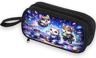 Space Cat Pencil Case for Boys Girls, Kids Cute Astronaut Kitten Large Capacity Pencil Pouch with Double Zipper Compartments, Galaxy School Supplies Organizer Bag