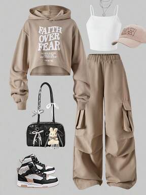 Sparklyn pcs/Set Teens Back-To-School Outfit,Khaki Letter Print Hoodie Sweatshirt,Suspender Cargo Pants With Pockets,Autumn Streetwear Holiday Casual Style $22.59 #SchoolStyles