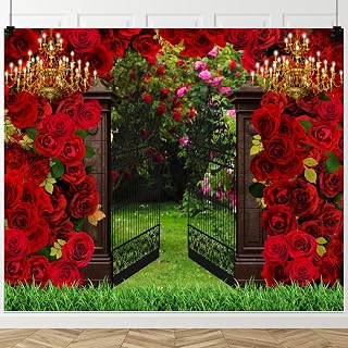 Spring Garden Backdrop 10x8ft Red Rose Flower Floral Photography Background Wedding Bridal Shower Party Decorations Banner Princess Girl Birthday Party Backdrops Photo Booth