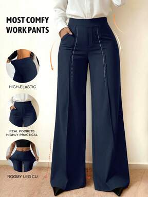 Spring/Summer Elastic Thin Daily Versatile Commute Minimalist Solid Color Wide Leg Pants With Pockets And Seam Detail To Shape Legs Women's Long Pants Daily Office Sports Outfit  #SleekStyles