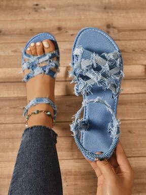 Spring/Summer New Flat Buckle Strap Sandals, Plus Size Open Toe Blue Slippers, Outdoor Casual Woven Beach Sandals, Women Flat Sandals  25% OFF