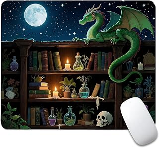 Square Mouse Pad Bookshelf Dragon, Personalized Premium-Textured Custom Mouse Mat Design, Washable Mousepad Cloth, Non-Slip Rubber Base Computer Mouse Pads for Wireless Mouse