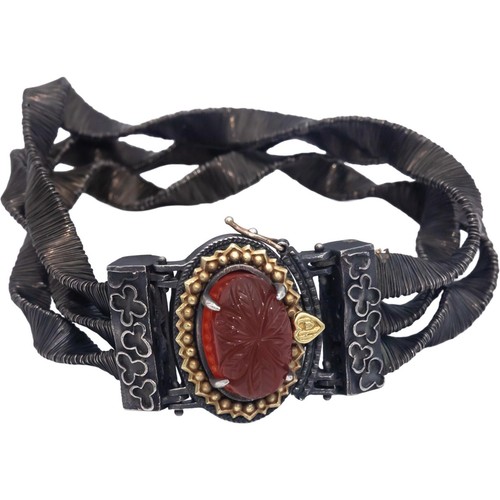 STAMBOLIAN 18k Gold Sterling Silver Carved Carnelian Twisted Mesh Bracelet 8.0CT