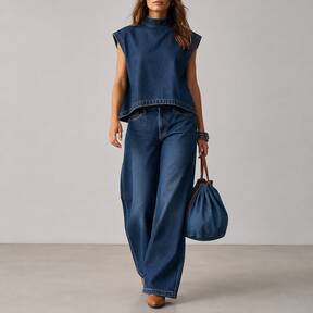Stand-Up Collar Sleeveless Casual Loose Top High-Waisted Loose Wide-Leg Denim Suit $20.35 Flash Sale
