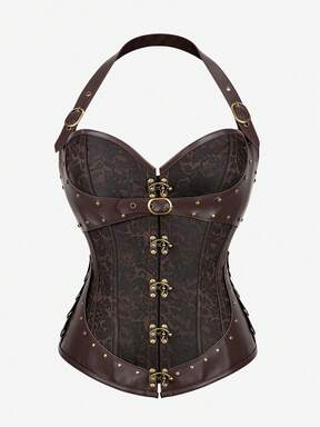 Steampunk Strapless Corset Bustier Top For Women Gothic Jacquard Steel Boned Waist Trainer With Buckles Halloween Cosplay Costume Vintage Brown  #RenaissanceRevival