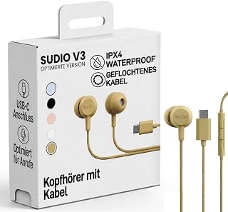 Sudio V3 Essential Wired Earbuds | in Ear Headphones with Cable and USB-C Connector | Tangle-Resistant Braided Cable | Built-in Microphone | IPX4 Water Resistant | No Charging Needed | (Yellow)