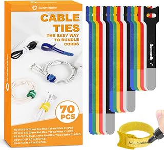 SummerBrite 70 Pack Assorted Cable Ties (4, 6, 8 Inch) Multi-Color with Writable Labels, Reusable Cord Organizer Straps, Hook & Loop Wire Management for Electronics, Home Office, PC Desk & Travel